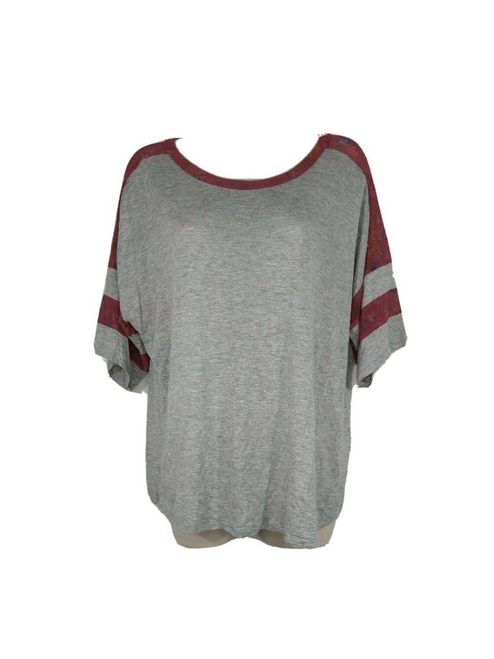 Eyeshadow Top T-shirt Size L Gray Red Floral Sheer Mesh Trim Festival Summer - Picture 1 of 6